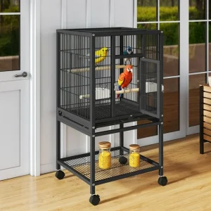Uforic 41" Metal Bird cage with Rolling Stand, Tray, 2 Perches and 2 Feeders, Black